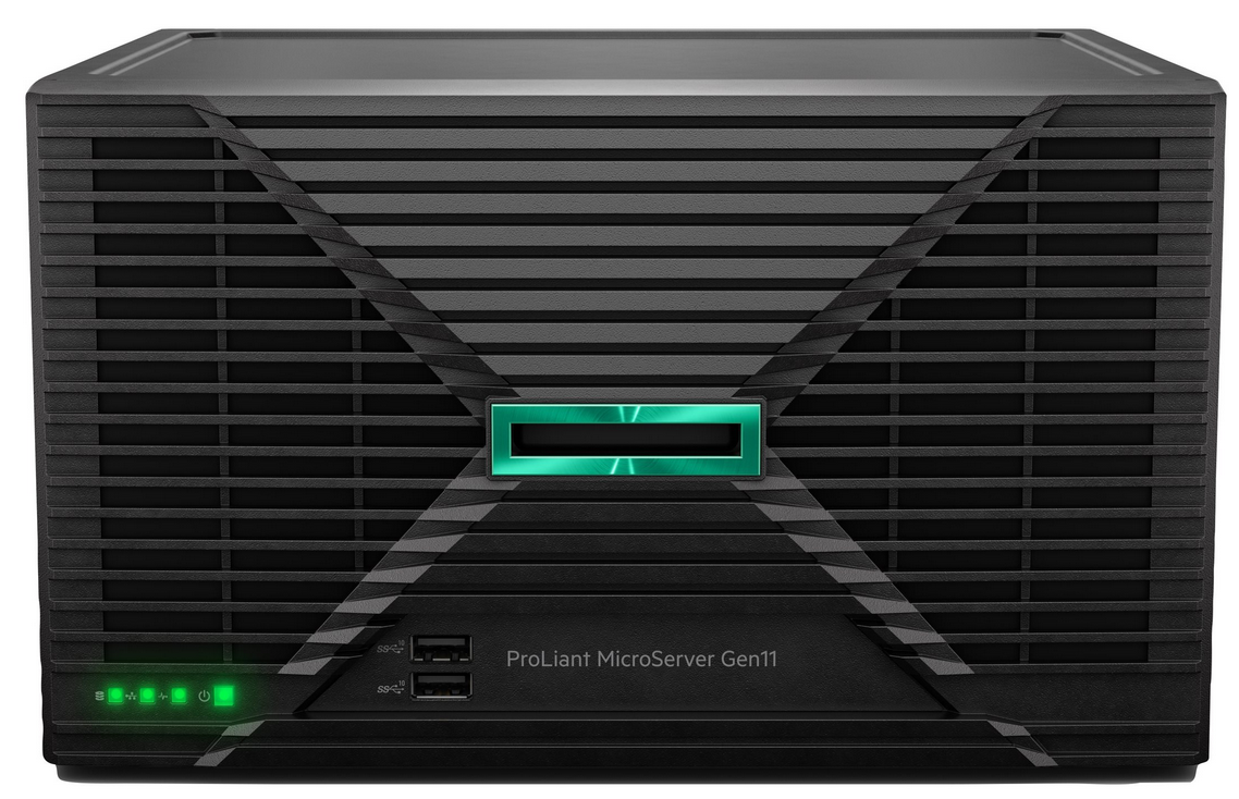 HPE ProLiant MicroServer Gen11 Intel E-2434 Quad-Core (3.40GHz 12MB) 16GB (1 x 16GB) 1TB 6G SATA Non-Hot Plug 3.5in Intel VROC RAID 180W