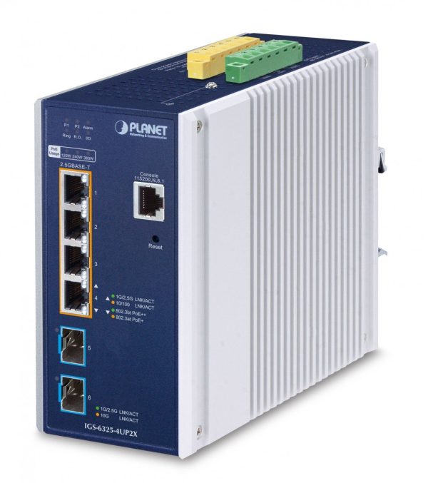 Planet IGS-6325-4UP2X IP30 DIN-rail Industrial L3 4-Port 2.5GBASE-T 802.3bt PoE + 2-Port 10G SFP+ Full Managed Switch